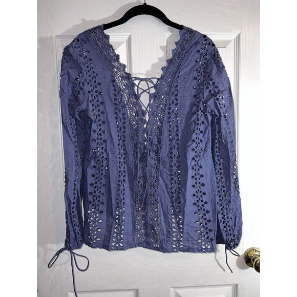 BARDOT Cotton Eyelet Embroidered Open Back Front Tie Long Sleeve Blouse - Picture 3 of 13